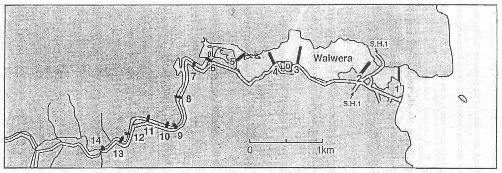 Map of Waiwera estuary showing the sampling areas along the length of the estuary