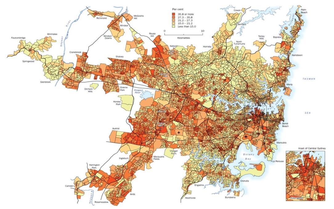 Low-income households across Sydney's Suburbs, 2006.