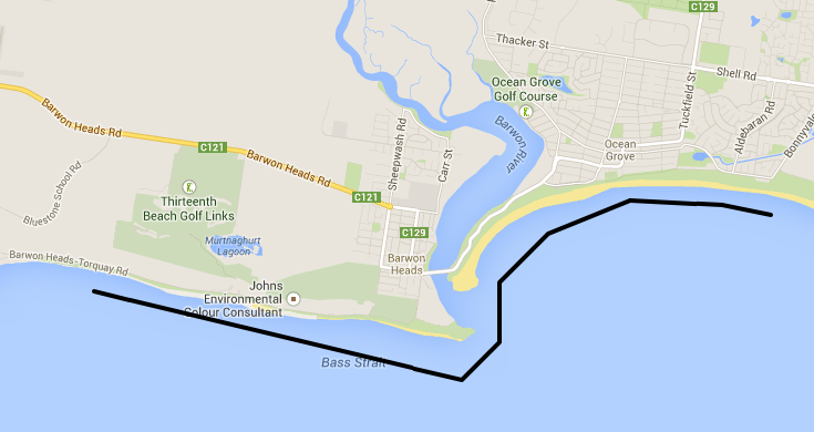 the Black line represents coastal boundary of Barwon Coast Committee of Management as marked by the Barwon Coast Coastal Management Plan 2013/14 to 2015/