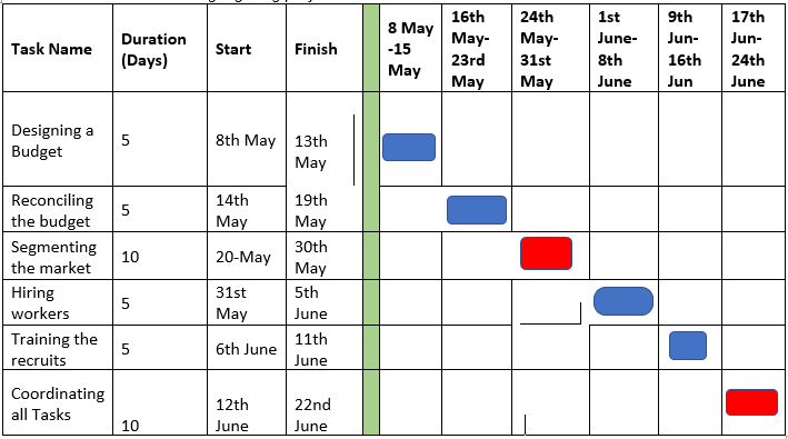 Gantt chart highlighting project schedule.