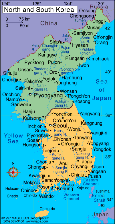 Map of North and South Korea. 
