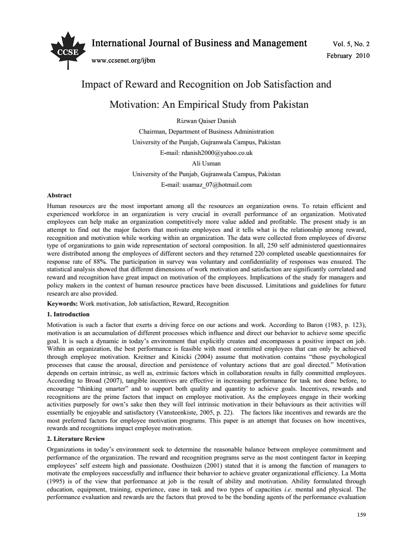 Impact of reward and recognition on job satisfaction and motivation: An empirical study from Pakistan.