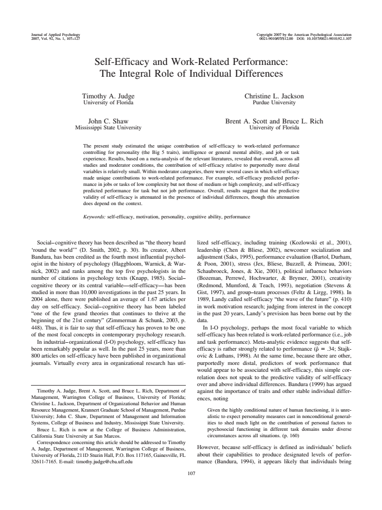 Self-efficacy and work-related performance: The integral role of individual differences.
