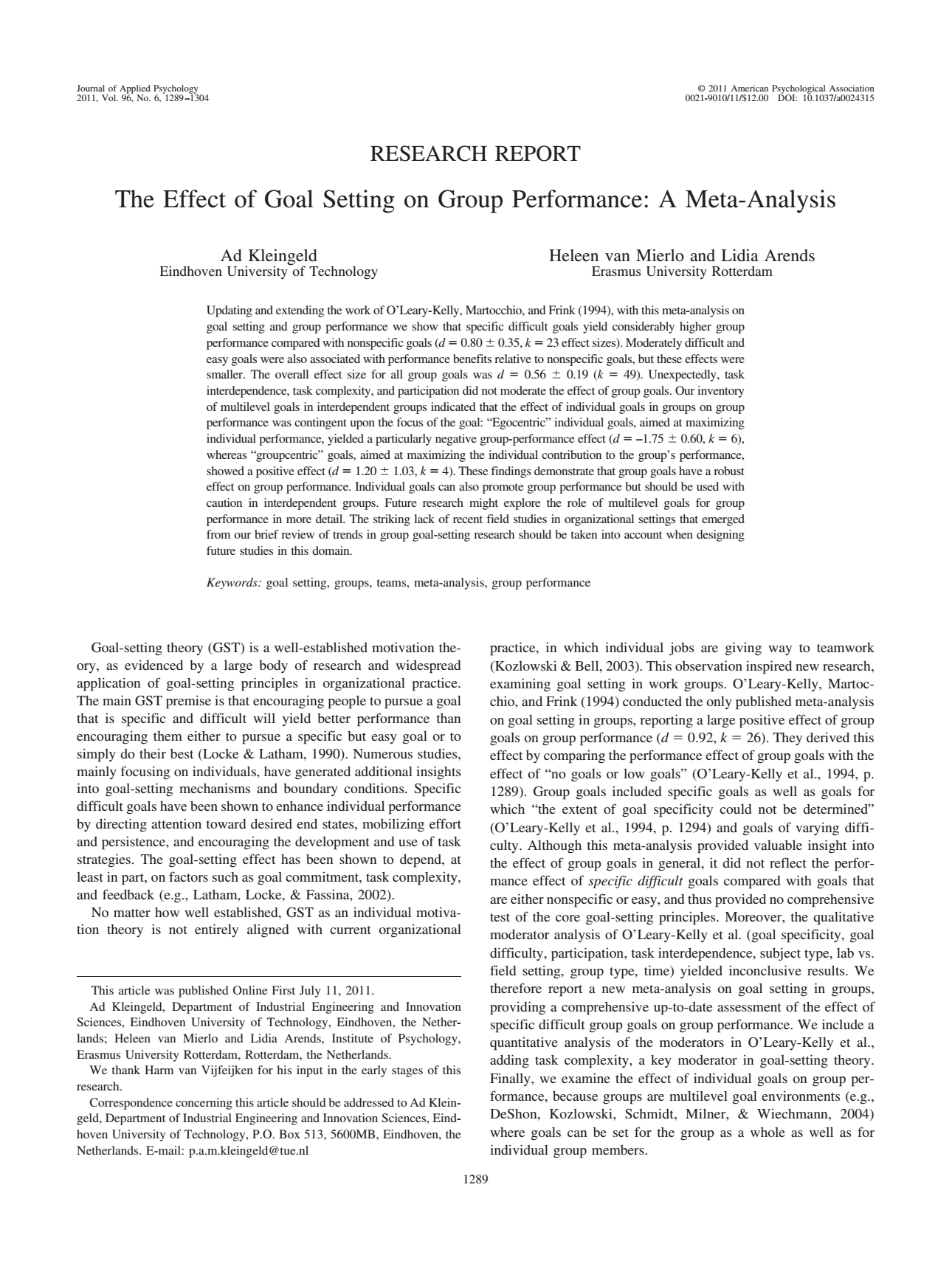 The effect of goal setting on group performance: A meta-analysis.