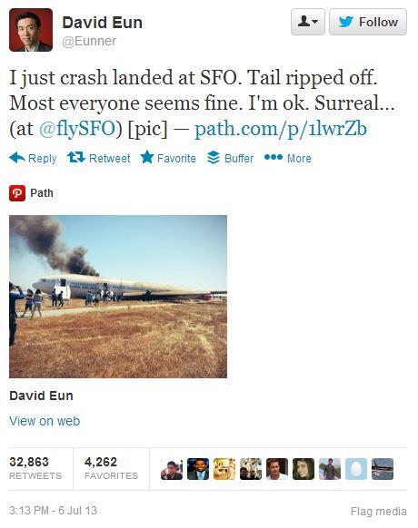 The tweet of passenger David Eun was shared almost 33,000 times.