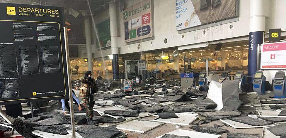 The aftermath of bombings in the Brussels airport.