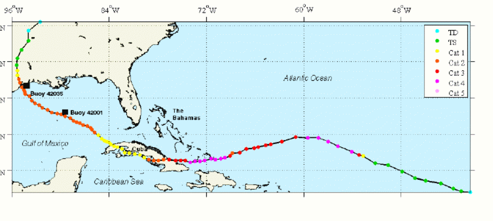 The path that Hurricane Ike followed from the Atlantic Ocean to the Gulf of Mexico