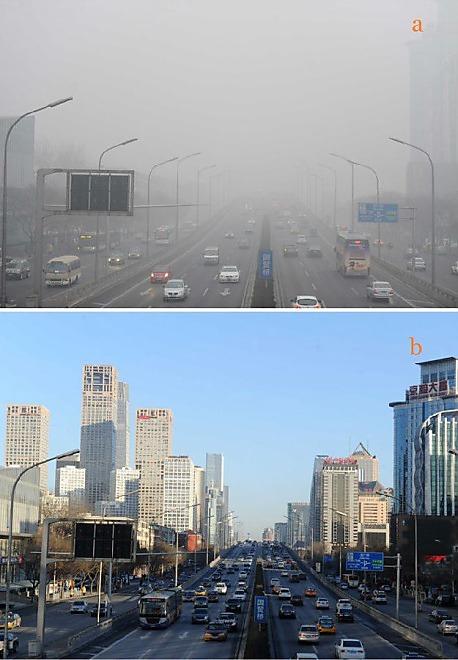 A comparison between a hazy day (a: January 29, 2013) and a clear day (b: February 1, 2013) in Beijing. Source: (Luo, et al., 2013)