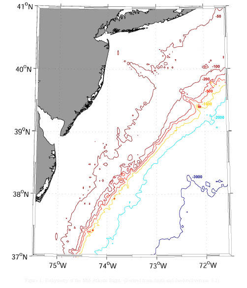 New York Bight ocean bottom topography. Variable contour interval. From “The Mid-Atlantic (New York) Bight,” in An Atlas of Oceanic Internal Solitary Waves, Global Ocean Associates, 2002, p. 70.