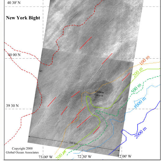 Leading edges of internal wave groups on the New York Bight, shown in red.