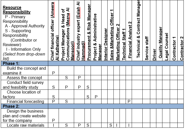 Responsibility Assignment Matrix for Furniture Manufacturing Company.