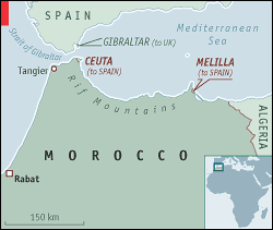 A geographical map representing Ceuta and Melilla and the proximity to Spain.