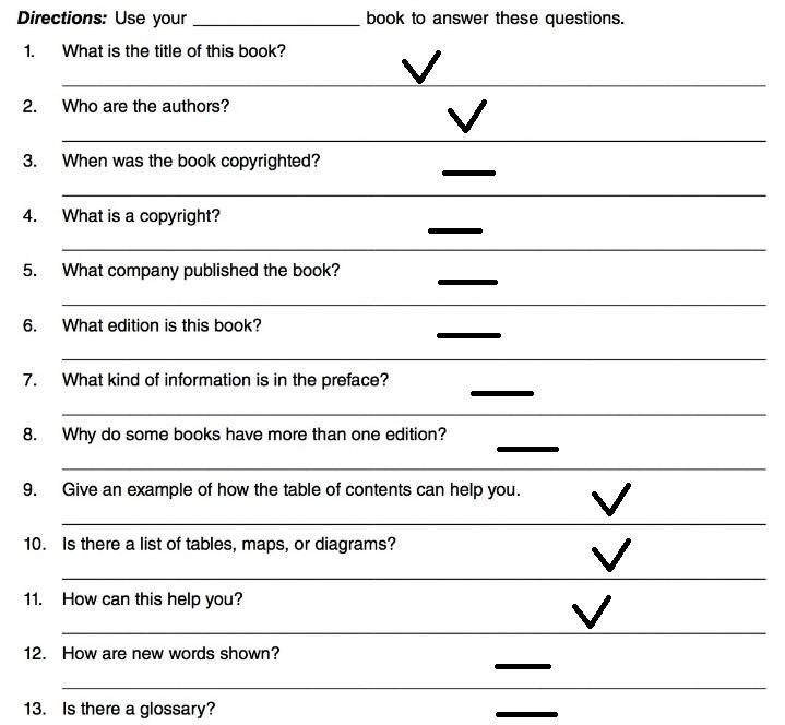 Skills test for assessing knowledge of some book parts.