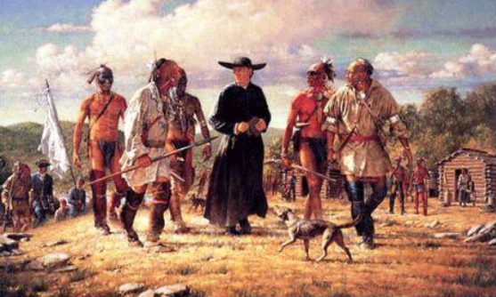 Native Americans and a European priest.