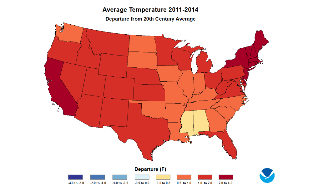 Average temperature 2011-2014 across the United States.