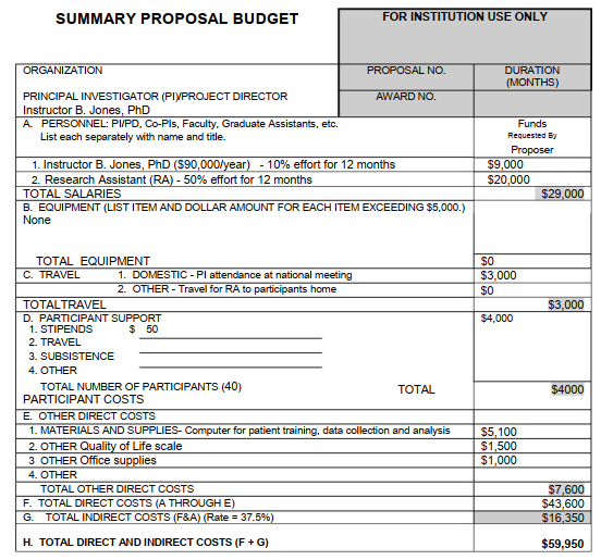 Summary Proposal Budget.