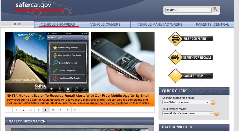 The main page of Safercar.gov.
