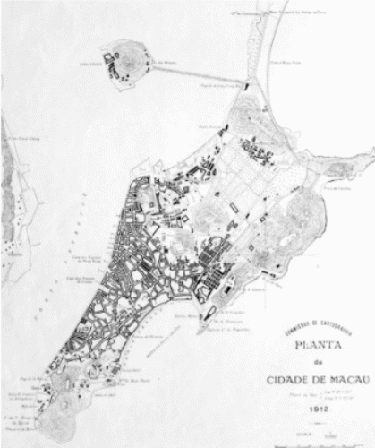 A 1912 map by the Macao Cartographic Department, showing the Inner Port, San Kiu and Lazarus quarters development.