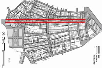 Detailed representation of the 1903 cut in the fabric of the Chinatown.