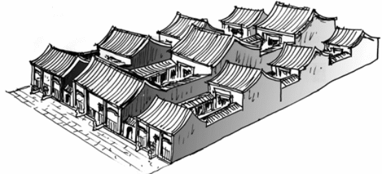 Ling Fong Temple; Typical temple unit of three halls and intermediary courtyards.
