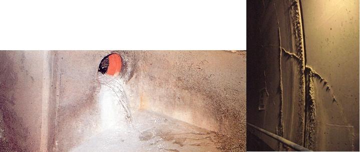 Drainage water flowing and lime calcium hydroxyls precipitating in concrete lined tunnel and construction joint.