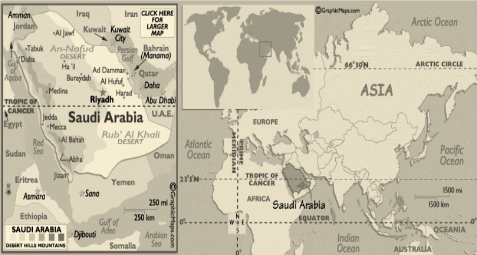 Geographical Location of the Kingdom of Saudi Arabia.