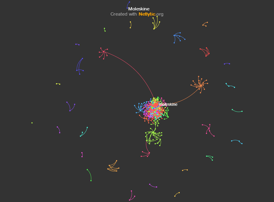 Name network shows the clusters of users who mentioned @moleskine in their posts. 