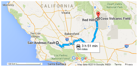 San Andreas Fault and Coso Volcanic Field trip with estimated travel time. 