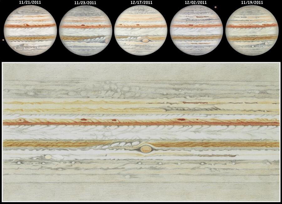 The Great Red Spot and stormy clouds on Jupiter