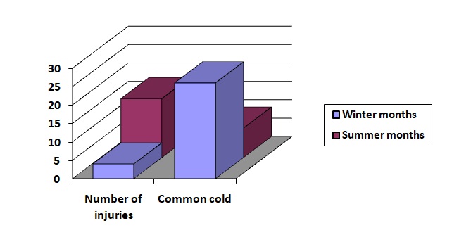Number of injuries and common cold incidents during winter and summer months.