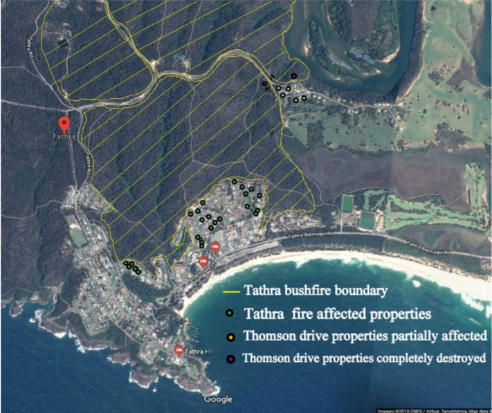 Areas affected by the Tathra bushfire