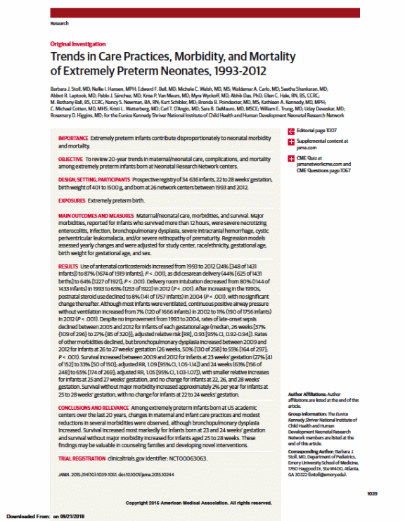 Trends in Care Practices, Morbidity, and Mortality of Extremely Preterm Neonates, 1993-2012.