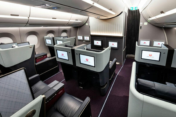 First-class cabin design on a Japan Airlines A350-900 plane.