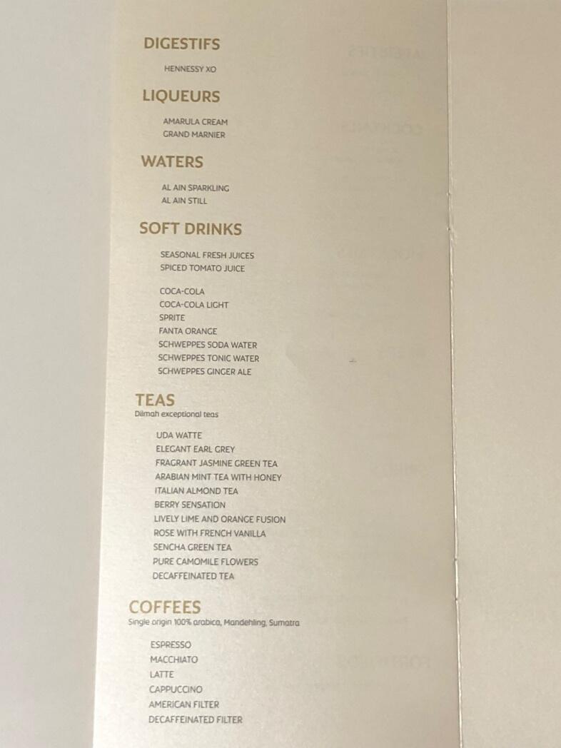 Drinks menu in an Etihad Airways A380 First Class Apartment suite