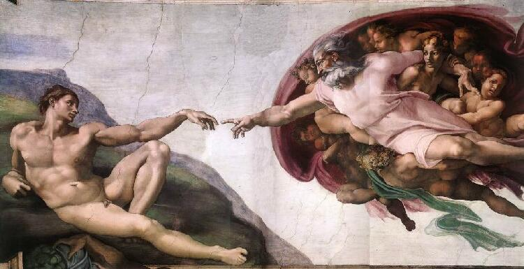 An image of the creation of Adam and Eve painted by Michelangelo.