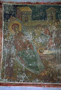 The Nativity Frescoe in Agios Ioannis Theologos church in Margarites, Greece