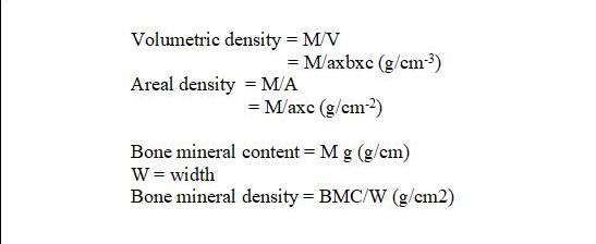 Formulas for the computation of the bone mineral density. (Source: http://www.chrislangton.co.uk/clip/html/Aspects%20of%20Osteoporosis/bone_densitometry.html)