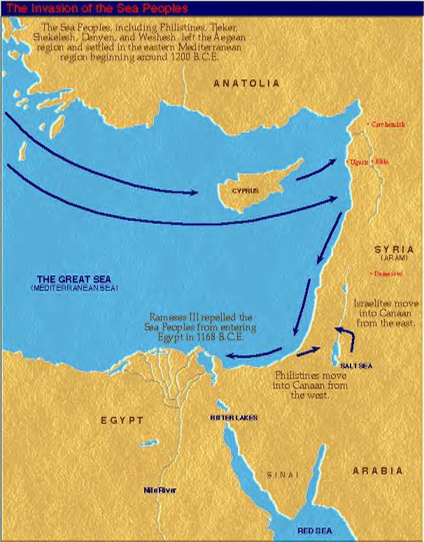 The possible sea route taken by the Sea Peoples who invaded Egypt between 1250 and 1150 BC. Source: http:// www.mpc.edu/Projects/797/New States%20after%201200-2.ppt