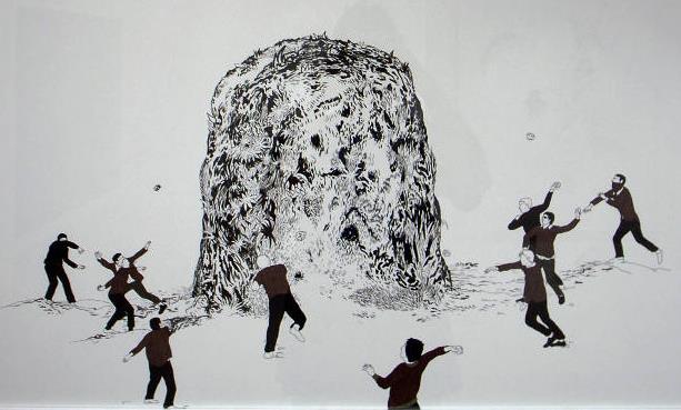 ‘People stoning a hill’. Sketch on canvas. < http://pinkmessage.com/talk/viewtopic.php?t=63&sid=f91d2c726eeb6d22ac12595d910f9ce0> This sketch illustrates people casting stones at a hill that is a depiction of nature. The hill has a multitude of small images that are actual replicas of the people.