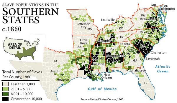 Slave populations in the Southern States.