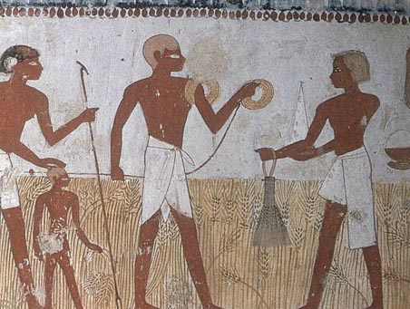 An image showing two young men measuring a field in and a child ancient Egypt