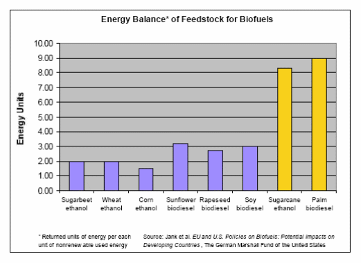 Energy balance of feedstock for biofuels.