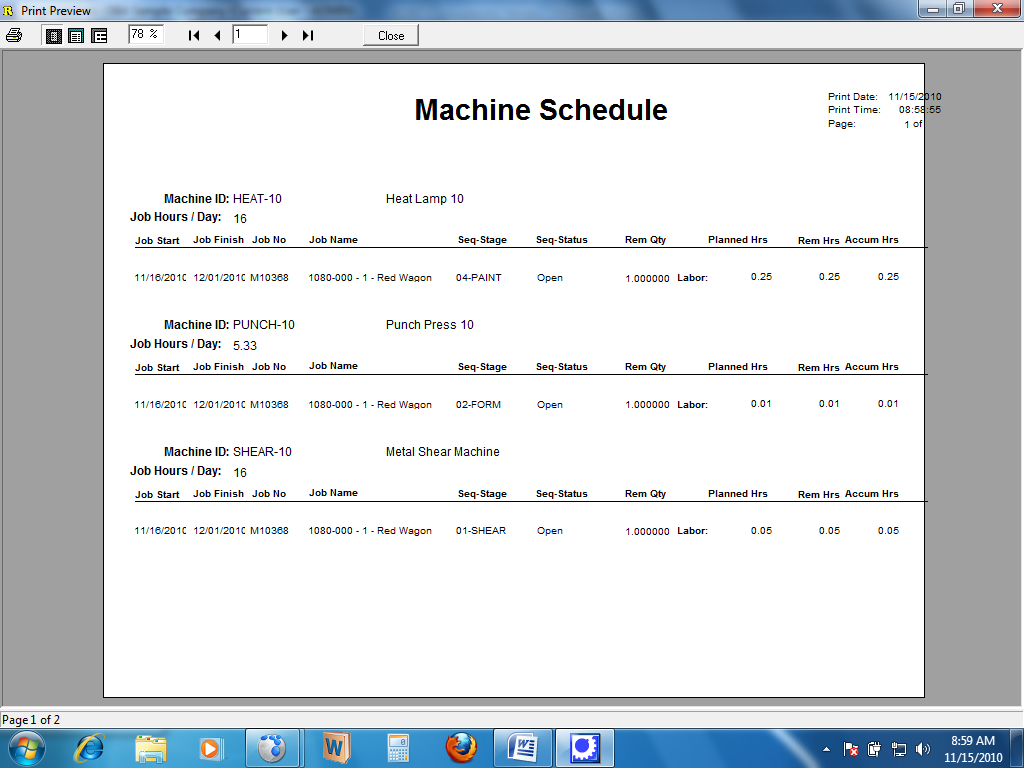Machine work schedule