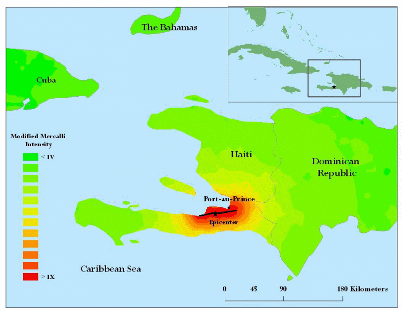 Distribution of the Haitian earthquake with relative intensities and the rapture.