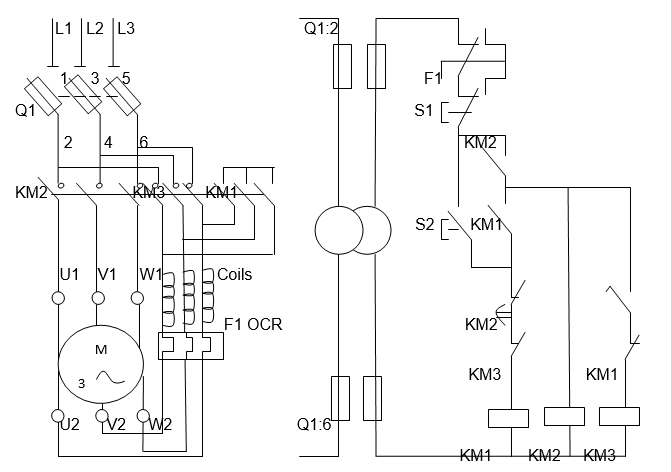 Star / Delta starter circuit diagram (power and control),