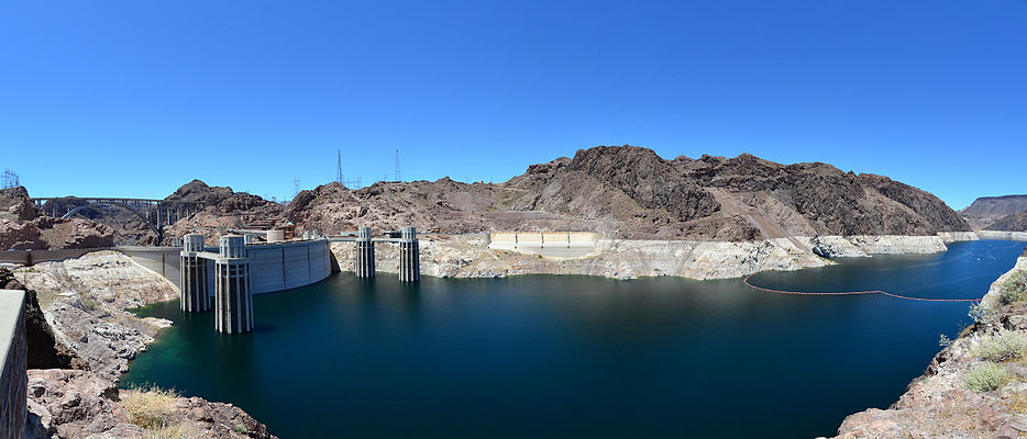 Arizona side; Penstock towers and the Nevada-side spillway entrance