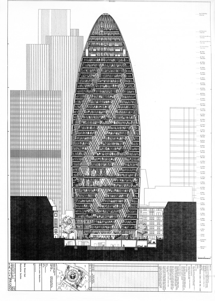 An architectural plan of the Gherkin. Adapted from Arch Daily. 