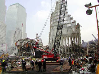 Sections of the perimeter tubes of World Trade Center Towers 1 and 2 that remained standing in the debris pile