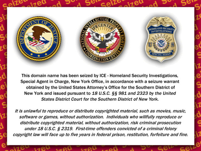 A graphic of a seized site by Homeland Security due to copyright