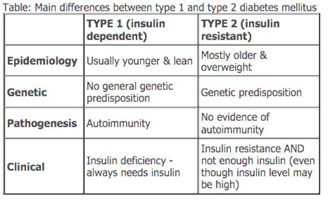 Diabetes types and their attributes (“Main differences between type 1 and type 2 diabetes mellitus”).